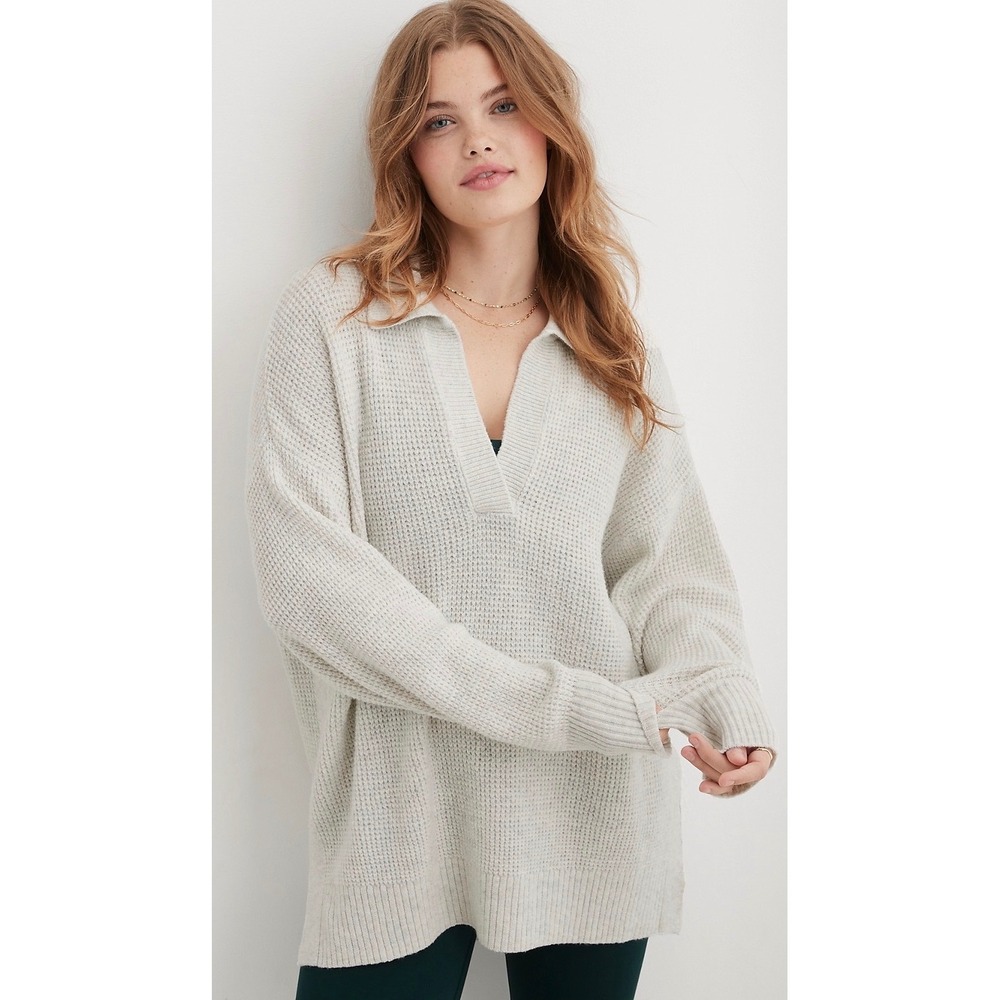 Aerie CozyUp Waffle Polo Sweater Women's Small Gray Oversized Collared V Neck